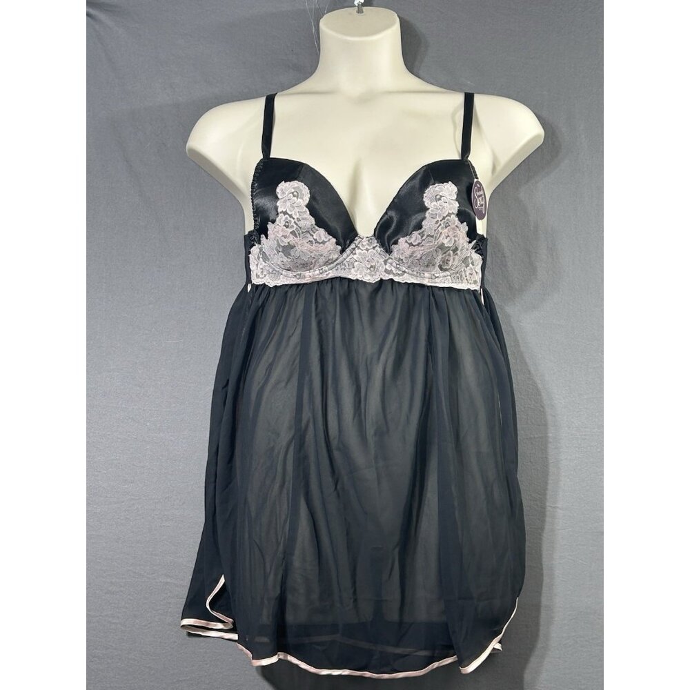 Cacique Babydoll Chemise Size 14/16 Black W/Pink Lace Deadstock Seriously Sexy